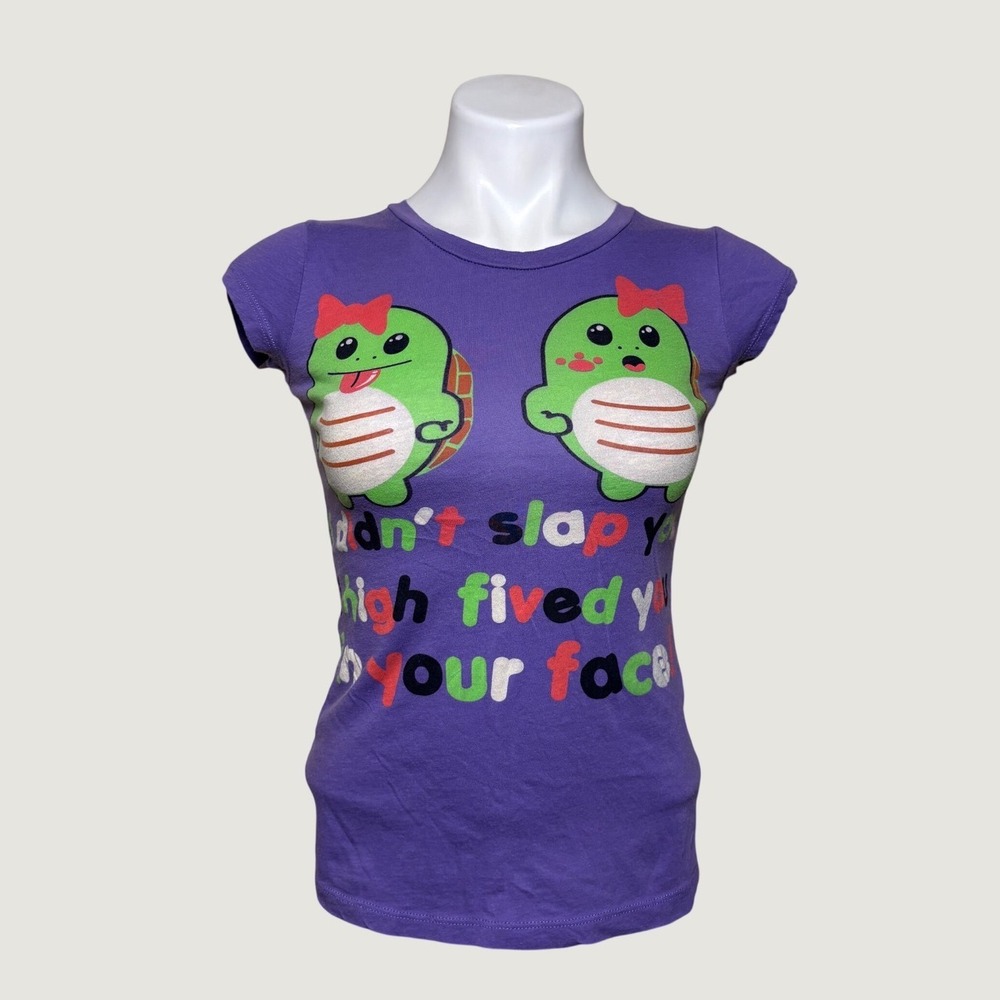Y2K Funky Story Scene Baby Tee Graphic Turtle High Five Your Face T-Shirt #15